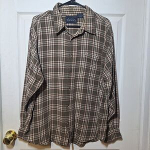 Basic Editions Vintage Green Brown Plaid Flannel Long Sleeve Shirt Grunge Size L